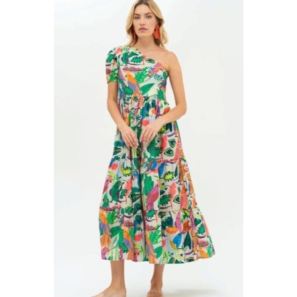 Oliphant One Shoulder Maxi Dress Polly Green Tropical Floral 2XL Resortwear